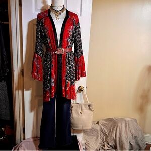 Angie Y2K Wms Velvet Trim Paisley Floral Boho Festival Midi Kimono Duster S